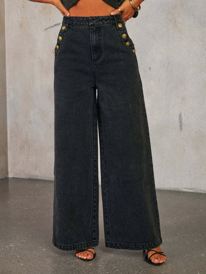 Camille Button Detail High-Rise Wide Leg Jeans - Be Juliet