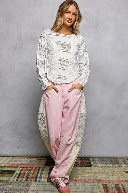 POL Round Neck Long Sleeve Exposed Seam Top with Lace Detail - Be Juliet