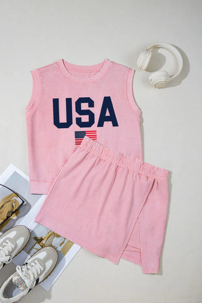 USA Round Neck Tank and Shorts Set - Blush Pink, flat lay front view - Be Juliet