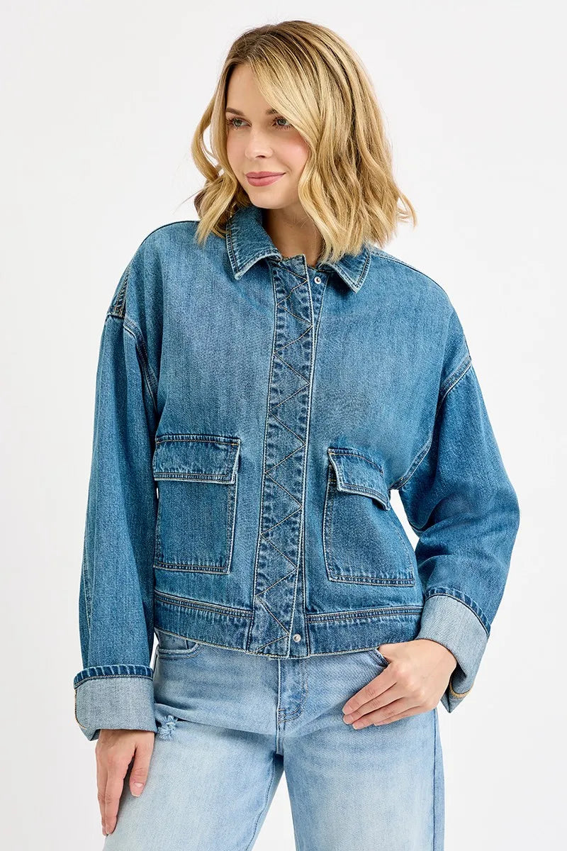 Sloane Oversized Cargo Pocket Denim Jacket - Be Juliet