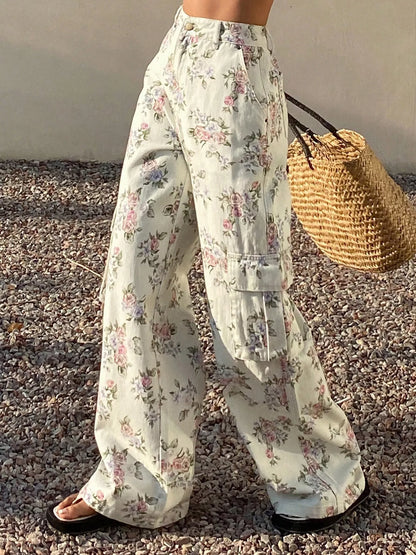 Floral Print Wide-Leg Jeans - Print, side-angle front view on model, cargo pocket detail - Be Juliet