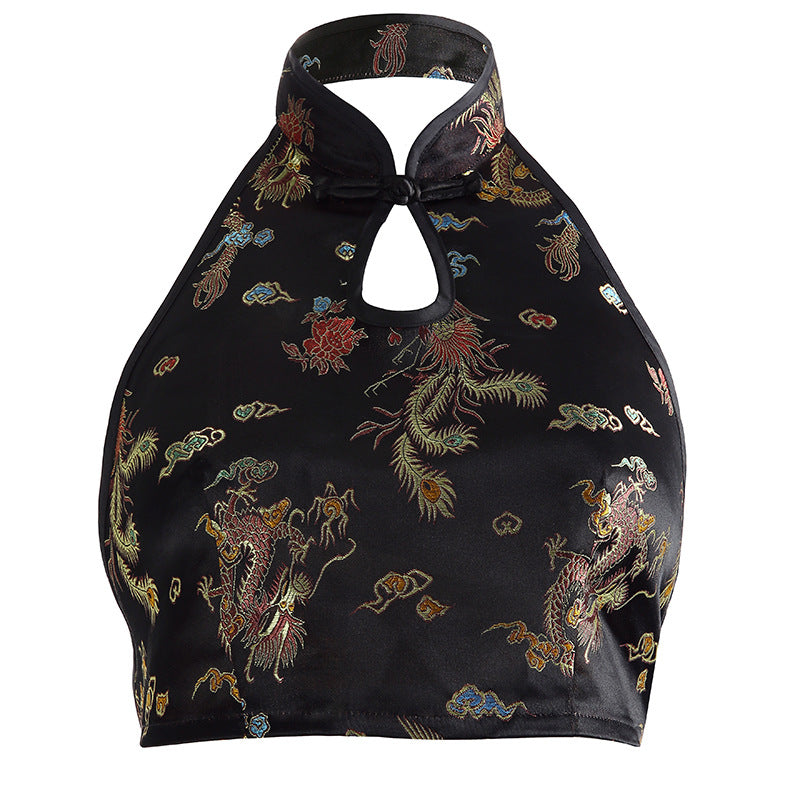 Lana Dragon Embroidered Halter Vest – Noir - Be Juliet