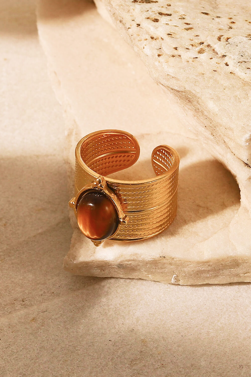 18K Gold-Plated Wide Open Ring - stacked with other rings on model - Be Juliet