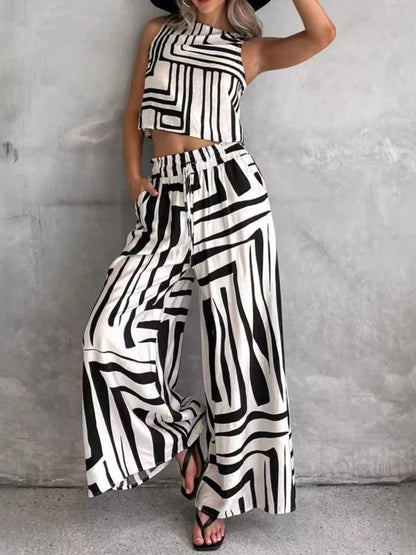 Rosalie Geometric Print Co-ord Set - White, side view on model - Be Juliet