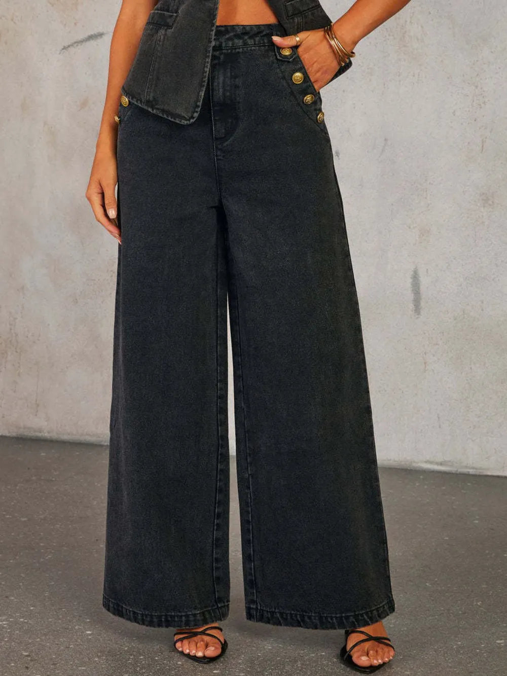 Camille Button Detail High-Rise Wide Leg Jeans - Be Juliet