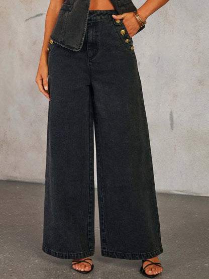 Camille Button Detail High-Rise Wide Leg Jeans - Be Juliet