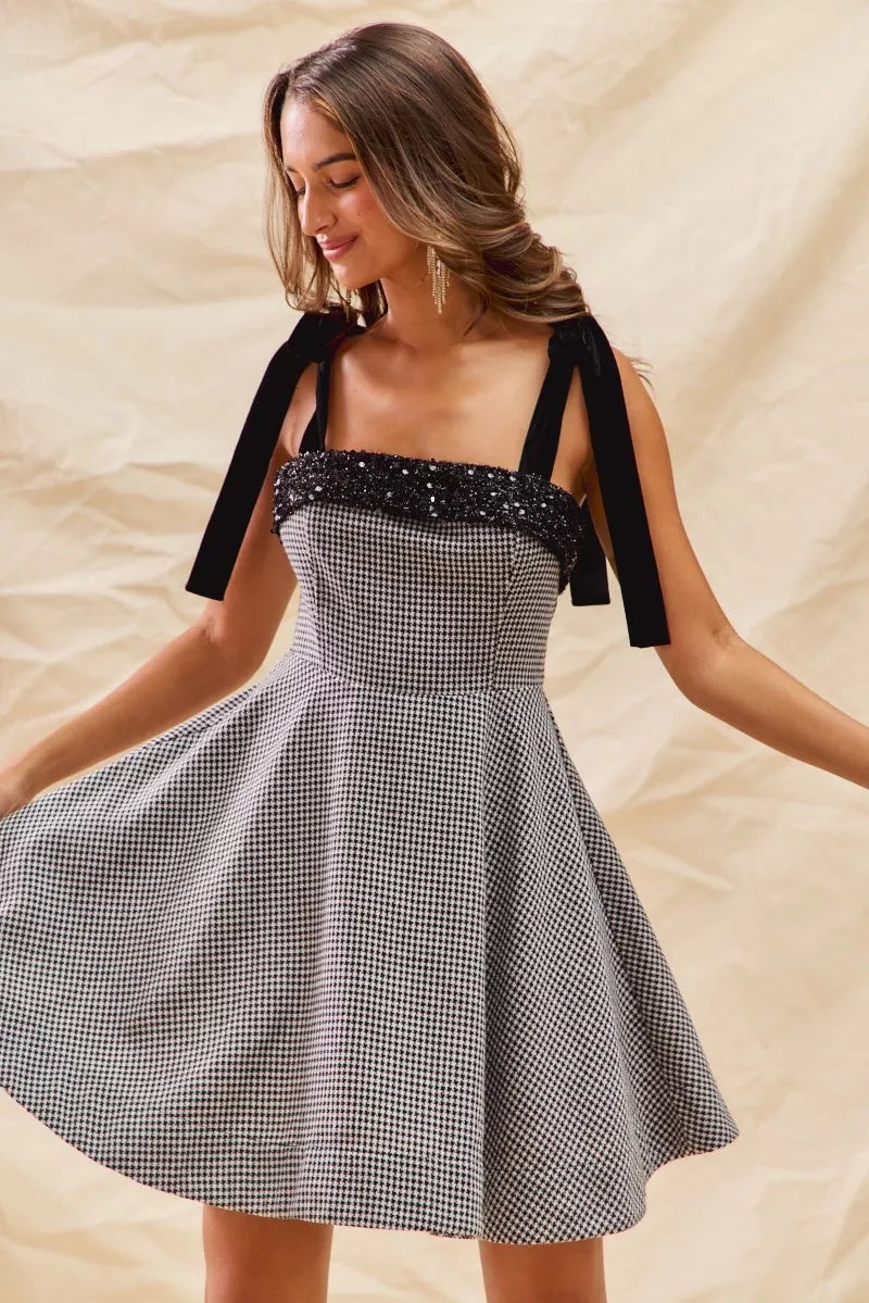 Sophie Houndstooth Tie-Shoulder Mini Dress - Be Juliet