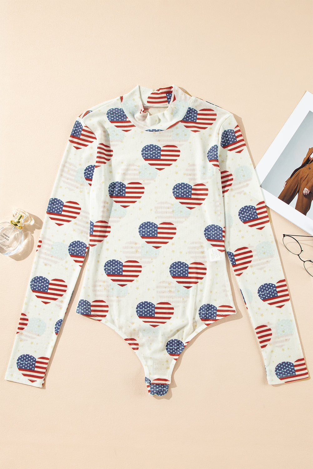 Americana Heart Mesh Long Sleeve Bodysuit - White, flat lay overhead view, snap bottom - Be Juliet