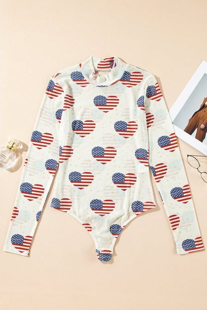 Americana Heart Mesh Long Sleeve Bodysuit - White, flat lay overhead view, snap bottom - Be Juliet