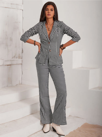 Ana Lisa Checkered Blazer & Slit Pants Set - Plaid, side view on model - Be Juliet