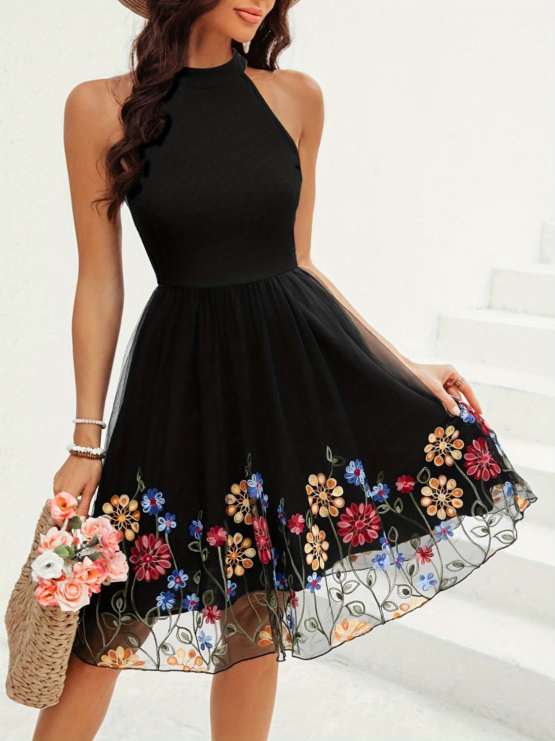 Heather Cutout Grecian Neck Mini Dress - Black, back view on model - Be Juliet