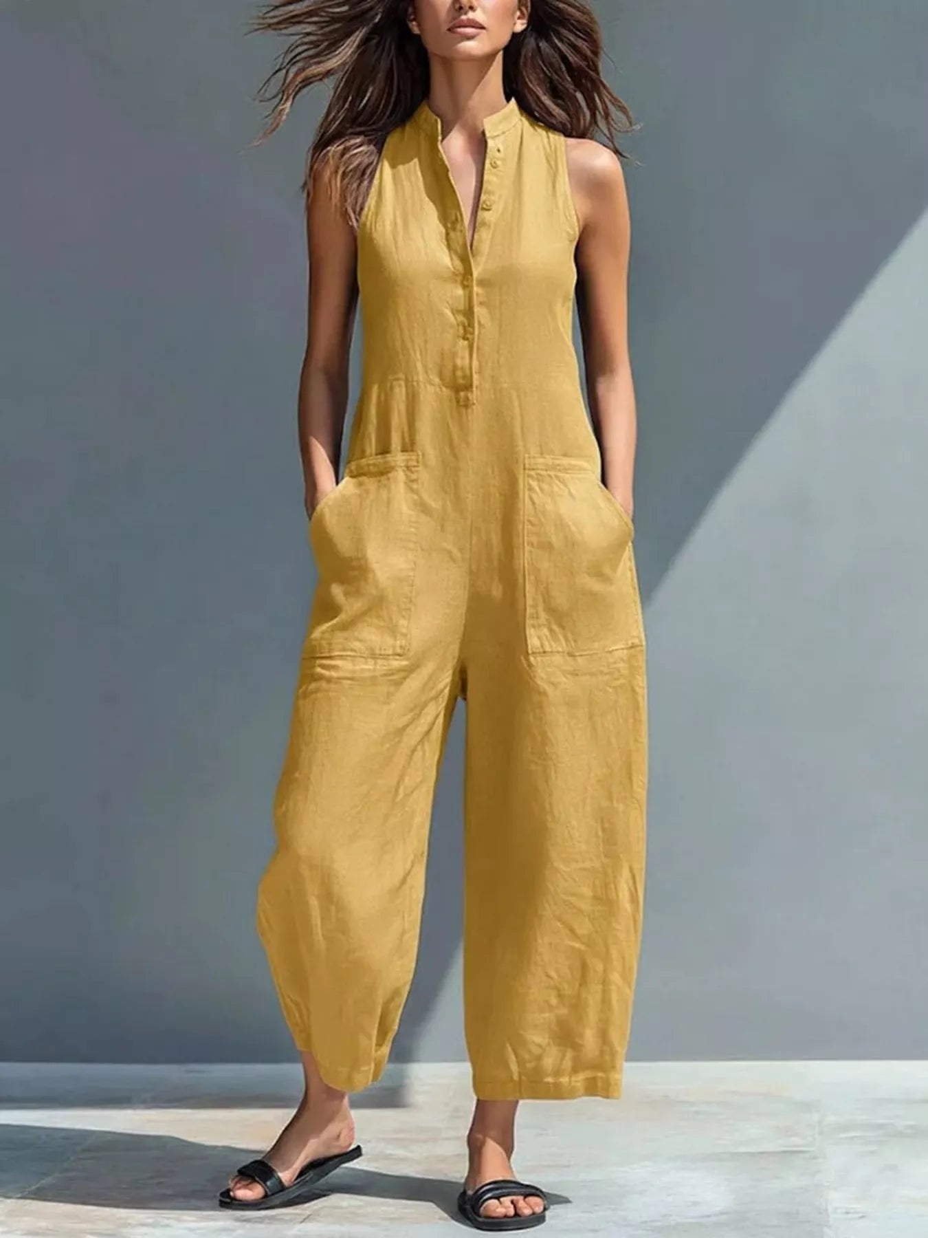 The Lucette — Button Front Sleeveless Jumpsuit - Yellow, front view on model - Be Juliet