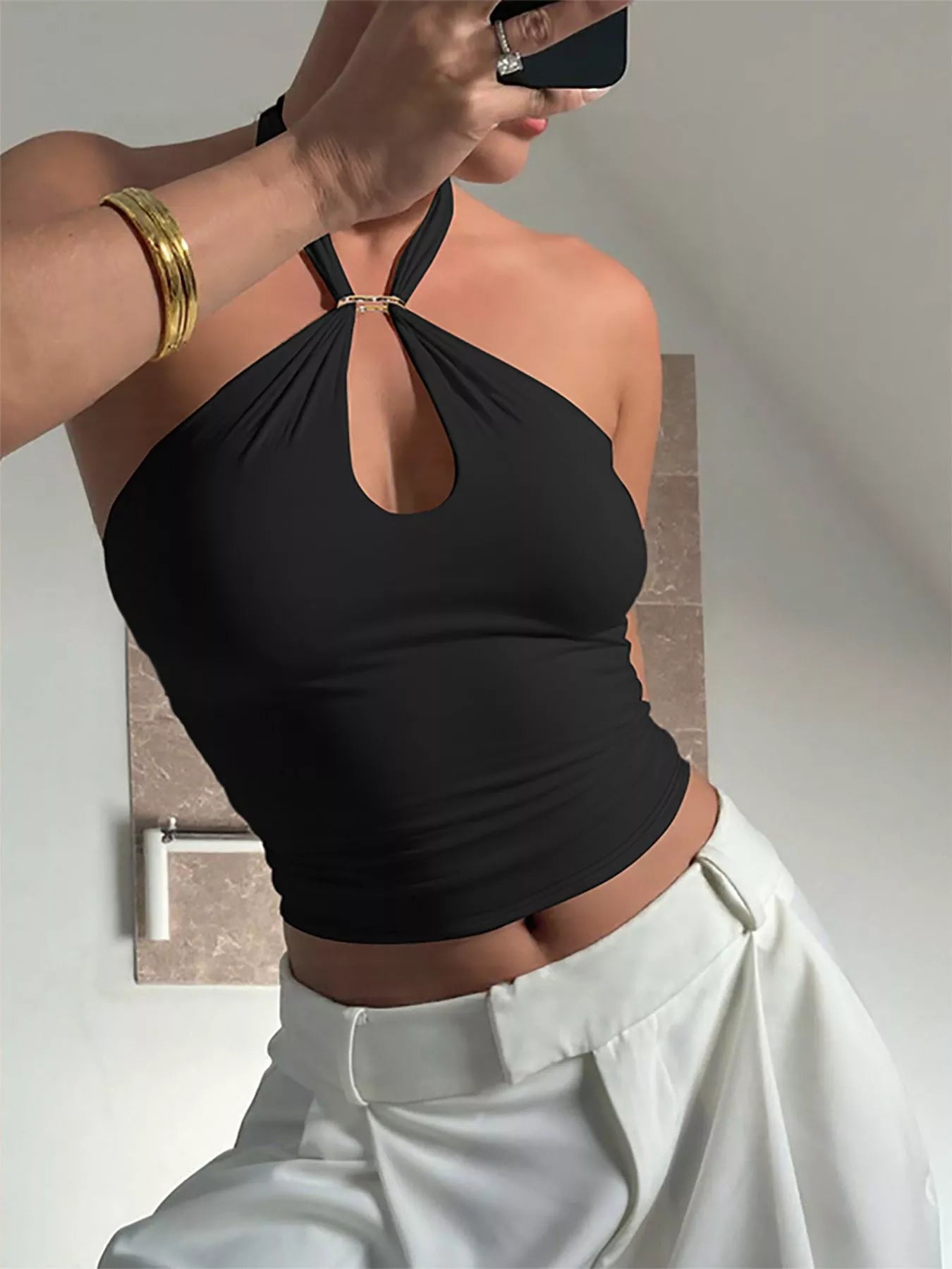 Halter Neck Cami with Keyhole Detail - Black, front mirror-selfie view on model, gold keyhole hardware - Be Juliet