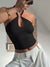 Halter Neck Cami with Keyhole Detail - Black, front mirror-selfie view on model, gold keyhole hardware - Be Juliet