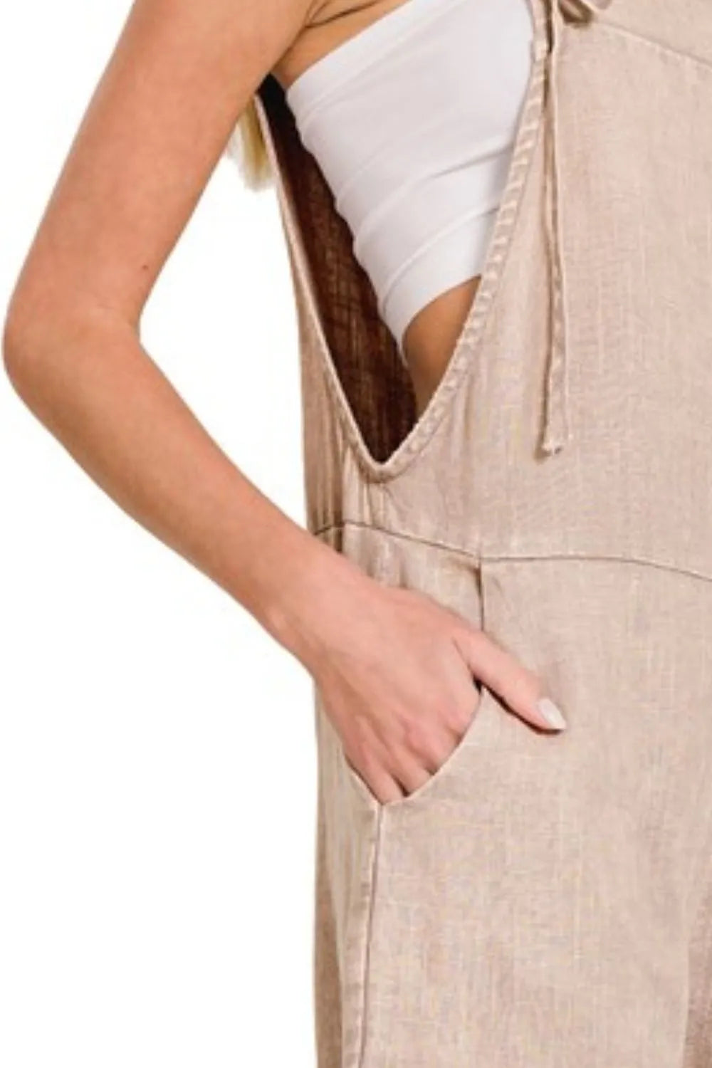 Zenana Washed Linen Knot Strap Romper - Be Juliet