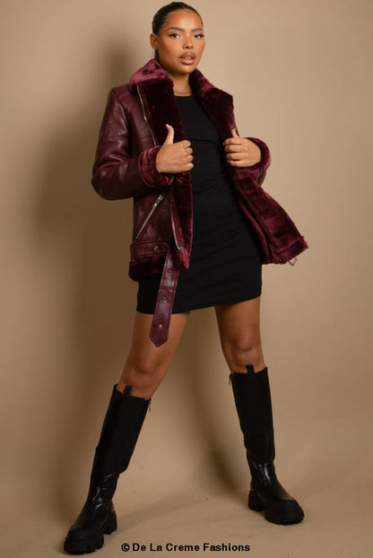 Faux Fur Collar Aviator Jacket - Wine, flat lay back view - Be Juliet