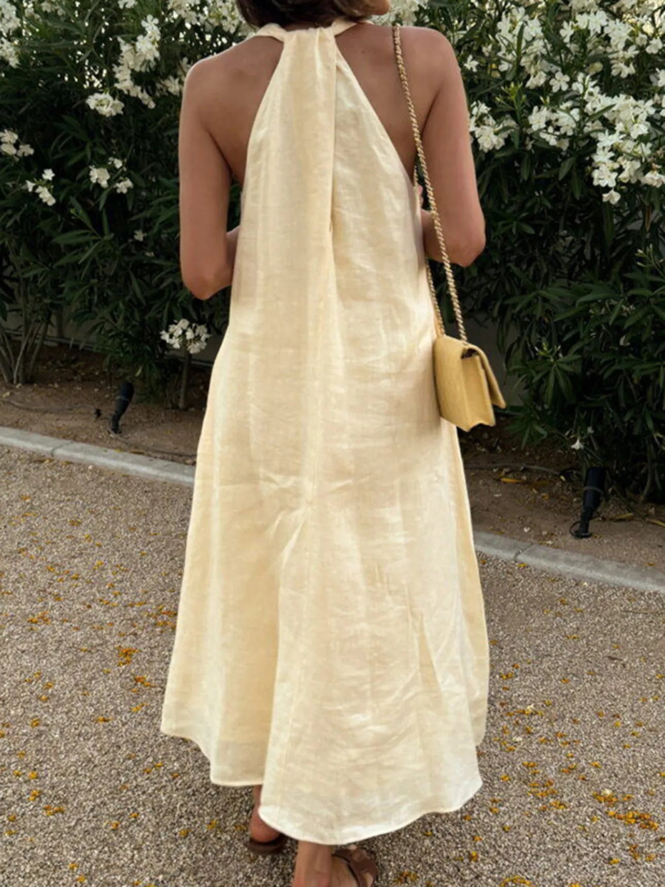 Halter V-Neck Linen Midi Dress - Be Juliet