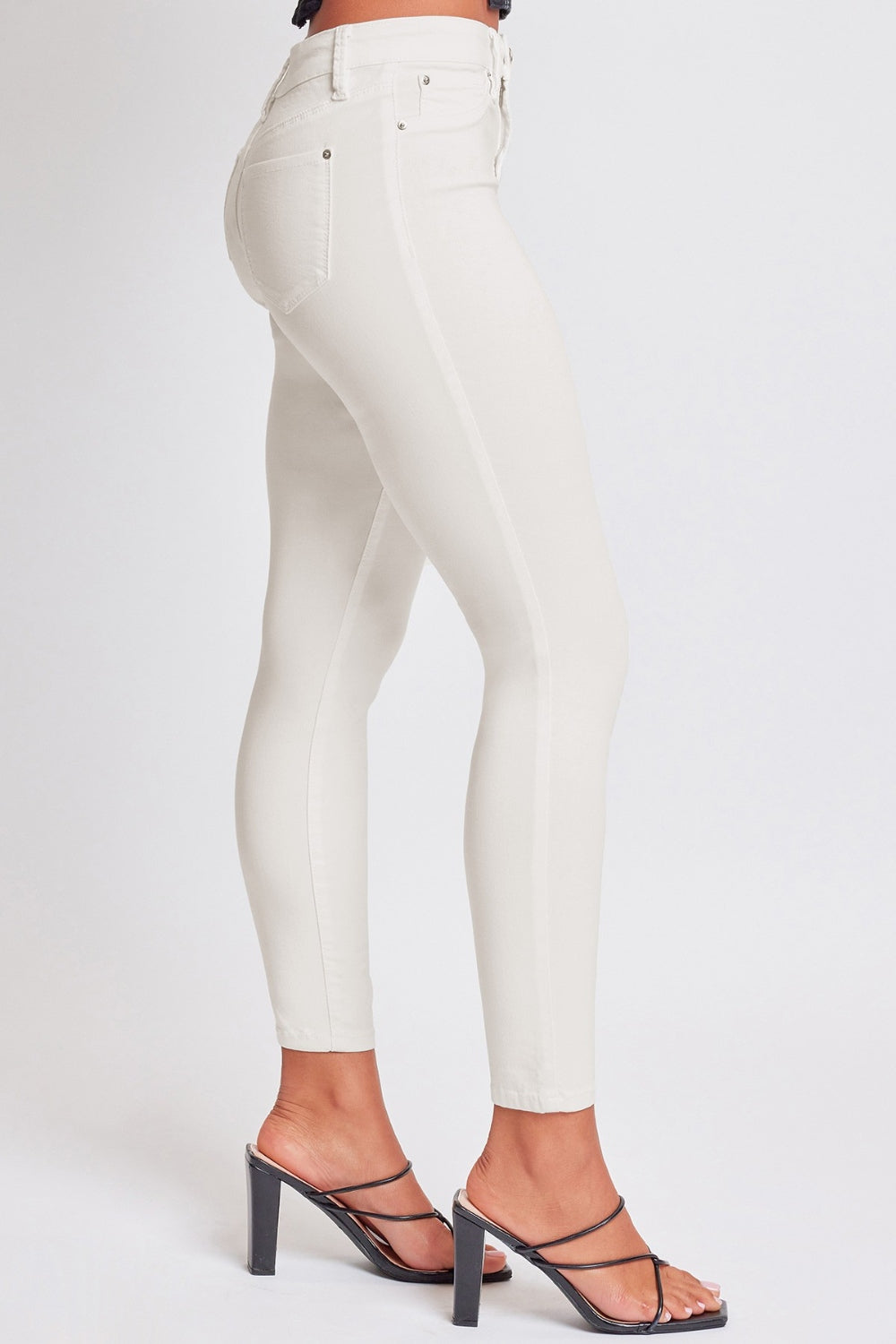 YMI Hyperstretch Mid-Rise Skinny Jeans - Vanilla Cream, side view showing fit - Be Juliet