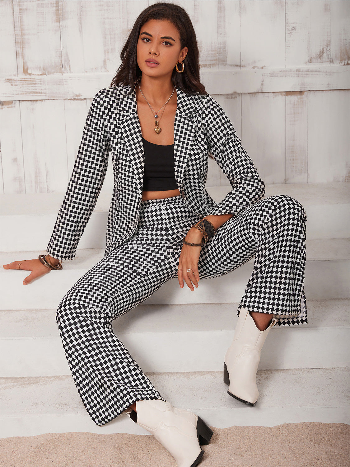 Ana Lisa Checkered Blazer & Slit Pants Set - Plaid, front view on model - Be Juliet