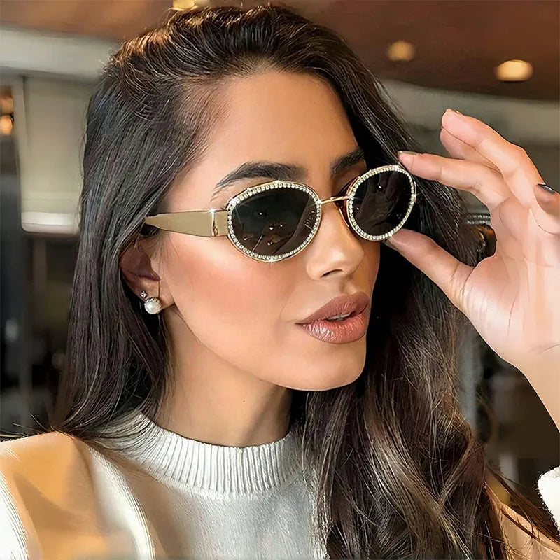Rhinestones Decor Oval Sunglasses - styleA, front view on model - Be Juliet