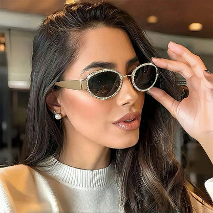 Rhinestones Decor Oval Sunglasses - styleA, front view on model - Be Juliet