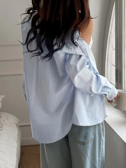 Nadia Striped Button-Down Shirt - Light Blue, close-up detail - Be Juliet