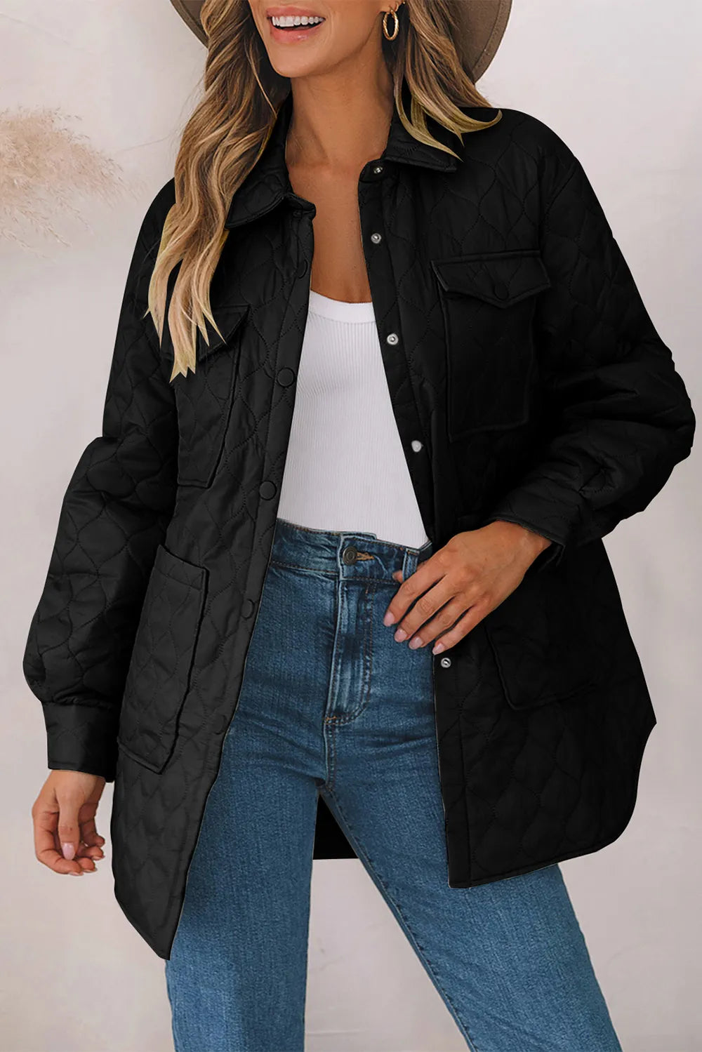 Snap Down Collared Winter Coat - Black, side view on model - Be Juliet