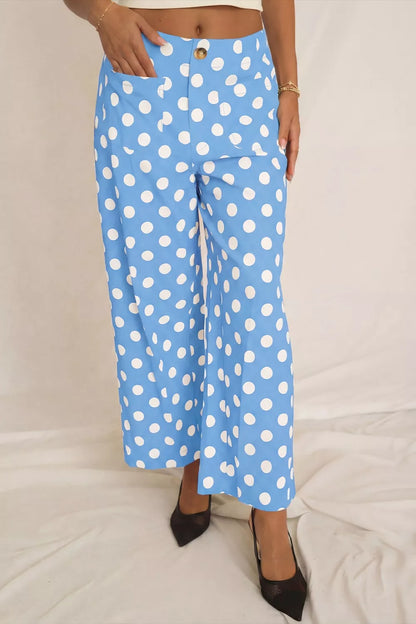 Vivienne Polka Dot Wide Leg Pants - Light Blue, 3/4 angled view on model - Be Juliet