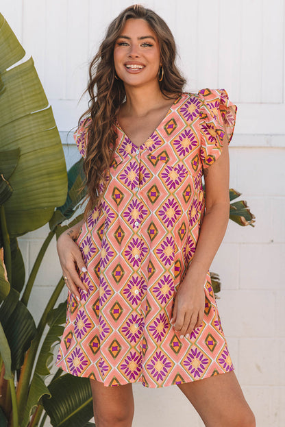 Geometric Floral V-Neck Button-Front Mini Dress - Orange, ruffled flutter sleeves waist-up - Be Juliet