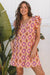 Geometric Floral V-Neck Button-Front Mini Dress - Orange, ruffled flutter sleeves waist-up - Be Juliet