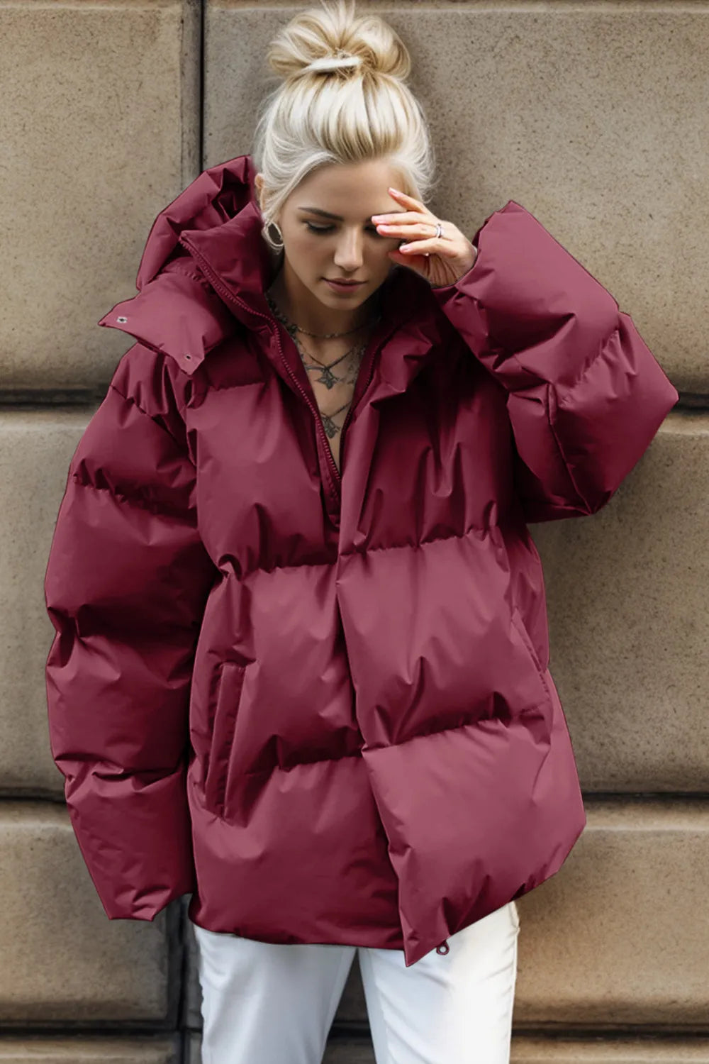 Pocketed Zip Up Hooded Puffer Jacket - Be Juliet