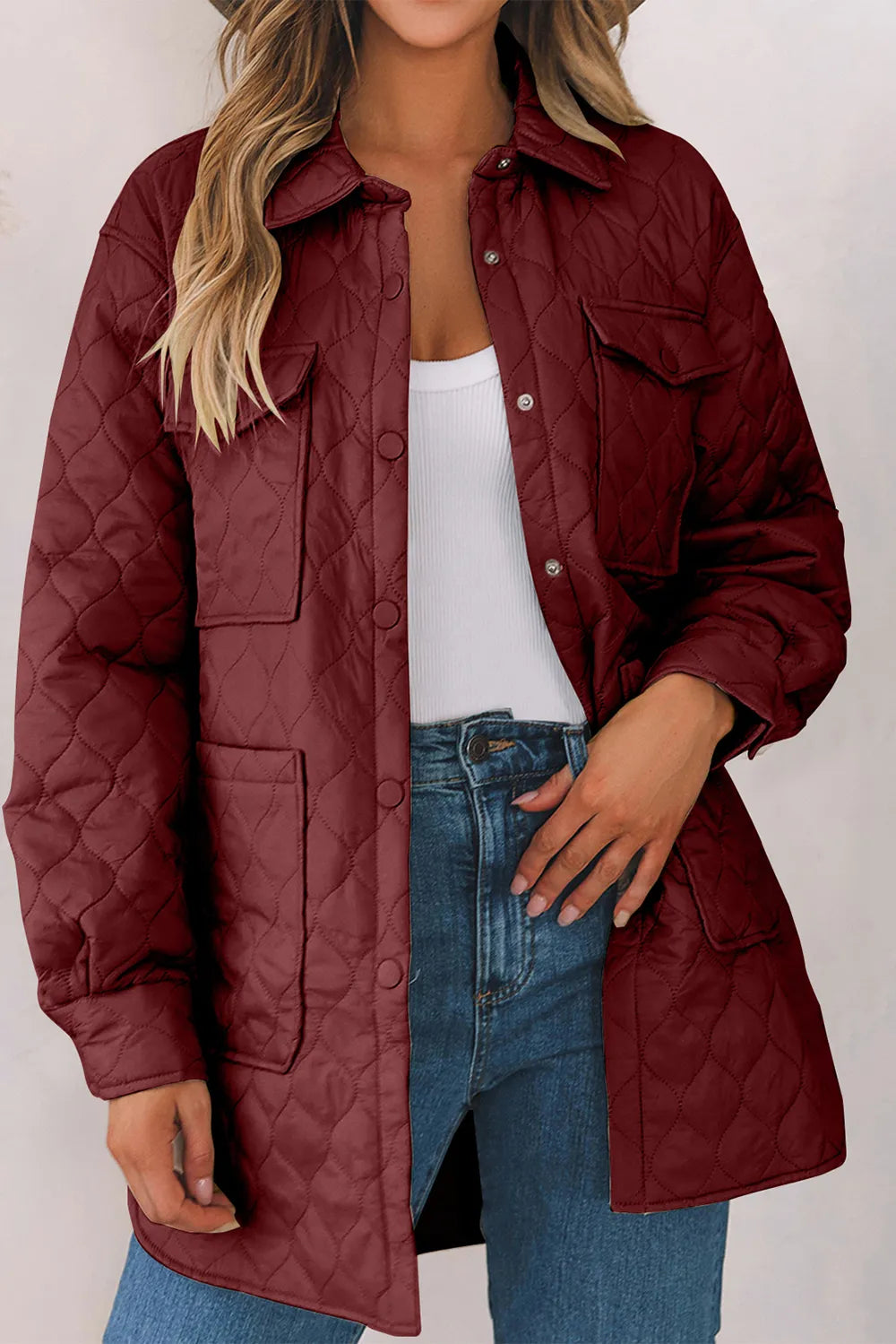 Snap Down Collared Winter Coat - Burgundy, front view on model - Be Juliet