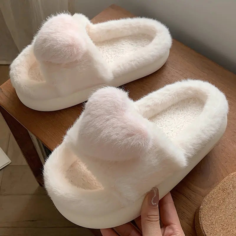 Heart Love Fluffy Fur Slippers - top-down view of full pair - Be Juliet