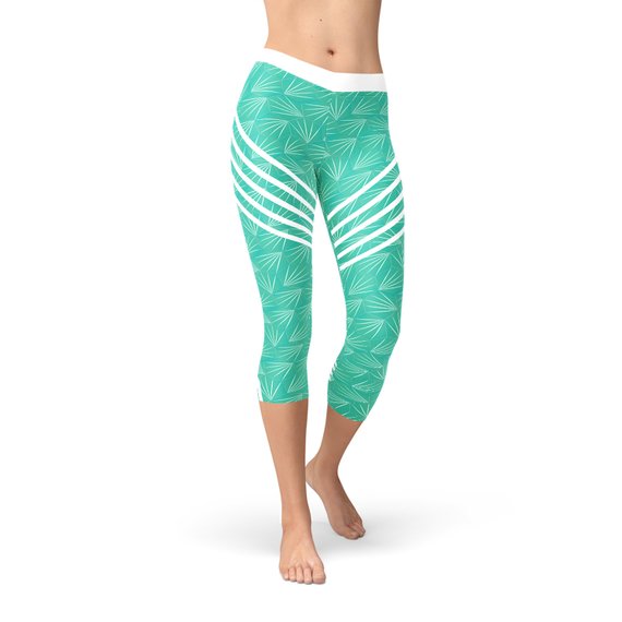 Turquoise Sports Capri Leggings - front flat lay with striped thigh accent - Be Juliet