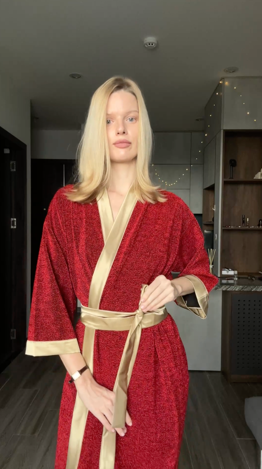 Harriet Luxe Metallic Trim Cover-Up - front view on model, poolside styling - Be Juliet