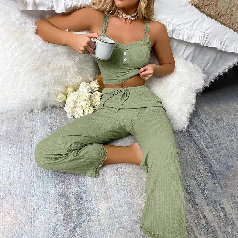 Giulia Lace Pajama Set - Green, front view on model - Be Juliet