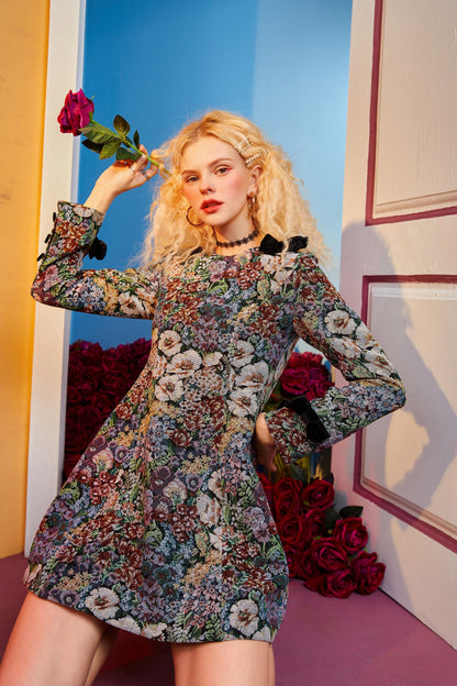 Floral Jacquard Bow Mini Dress - front view on model - Be Juliet