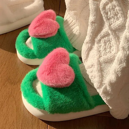 Heart Love Fluffy Fur Slippers - Green, size 8-9 product shot - Be Juliet
