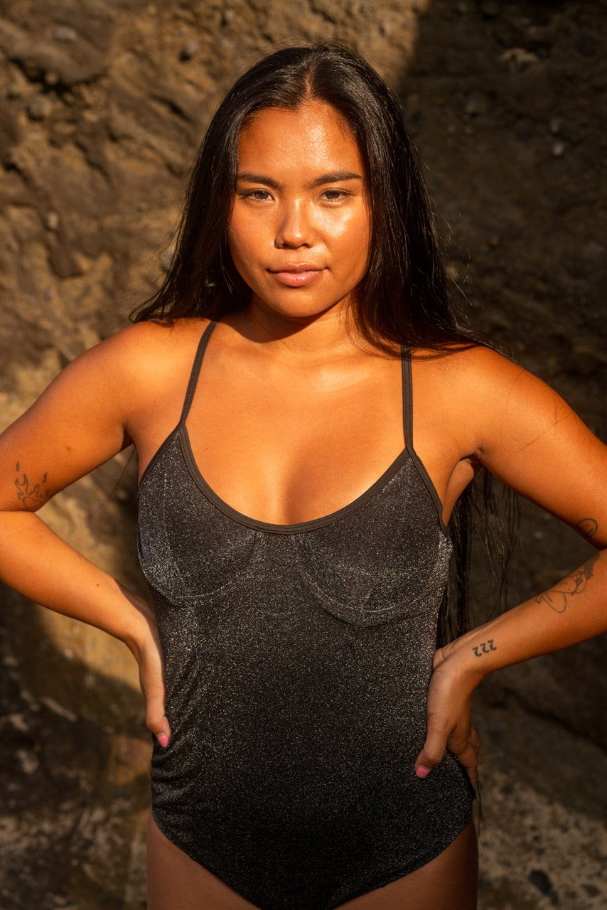 Shine On Me Black Shimmer Bodysuit - front neckline and bra cup close-up beach - Be Juliet