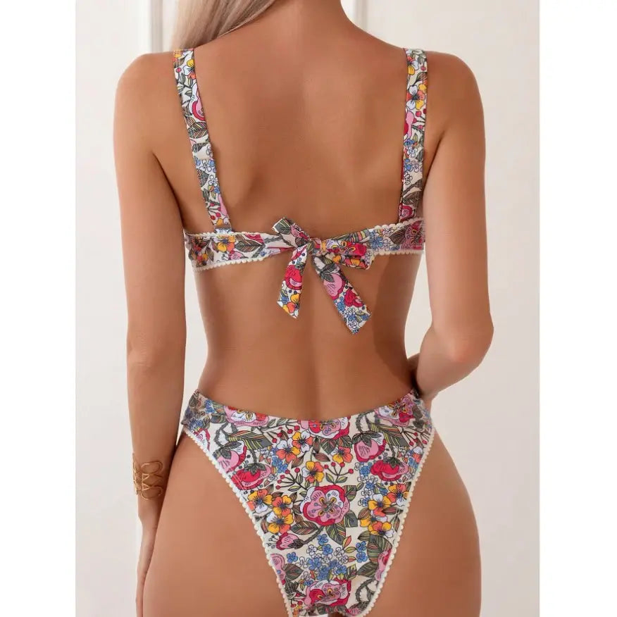 Claire Flower Print High Waist Bikini Set - floral, front view on model - Be Juliet