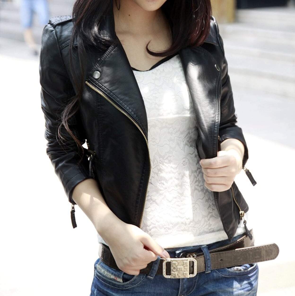 Womens Cropped Vegan Leather Jacket - Black, back view on model - Be Juliet