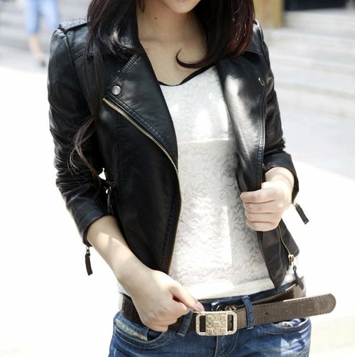 Womens Cropped Vegan Leather Jacket - Black, front view on model - Be Juliet