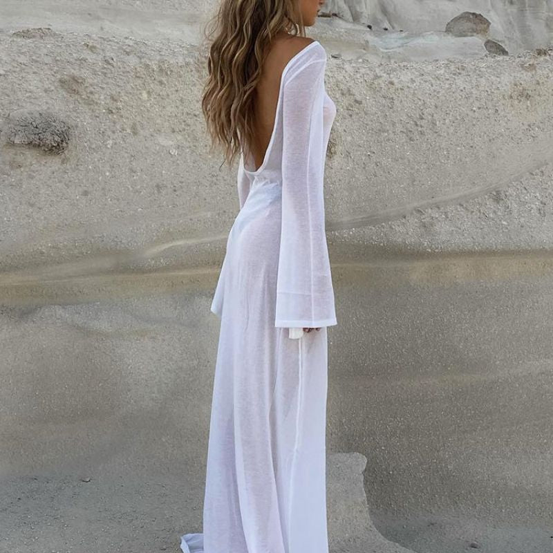 Flow With Me Cover-Up - White, back view showing open back and maxi length - Be Juliet