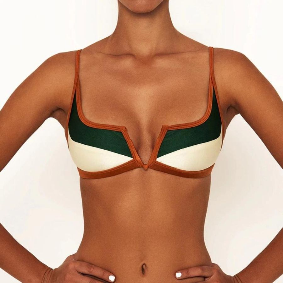 Lilo Patchwork Bikini - close-up bikini top on model, white background - Be Juliet