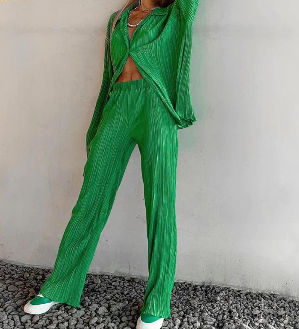 Fia Matching Two Piece Set - Green, front full-length view outdoor on model - Be Juliet