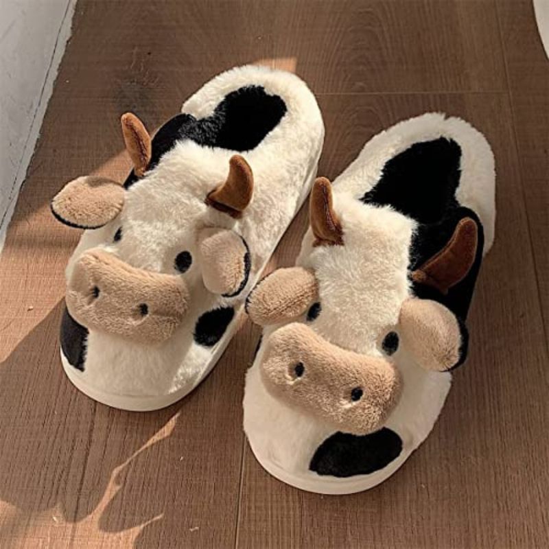 Cow Slippers - Cow, front view showing toe cap and cow ears - Be Juliet