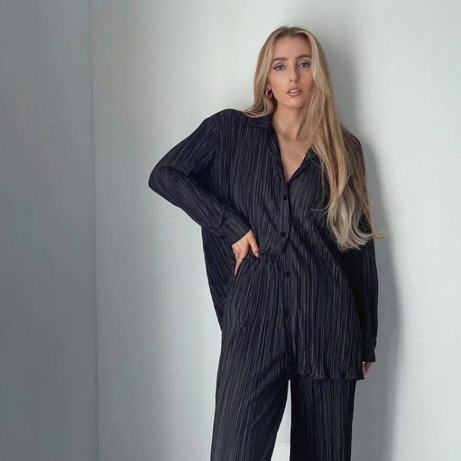 Fia Matching Two Piece Set - Black, front full-length open shirt on model - Be Juliet