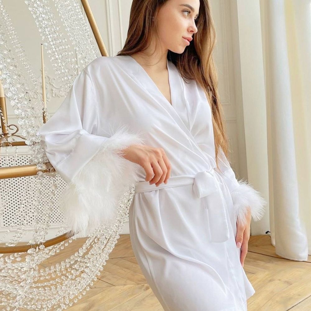 Ruby Feathered Robe - Black, full-length view on model - Be Juliet