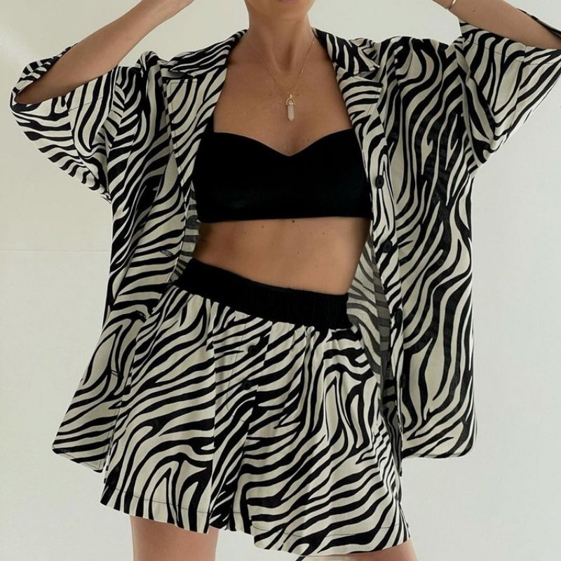 Alexis Oversized Lounge Set - Print, seated pose on model - Be Juliet