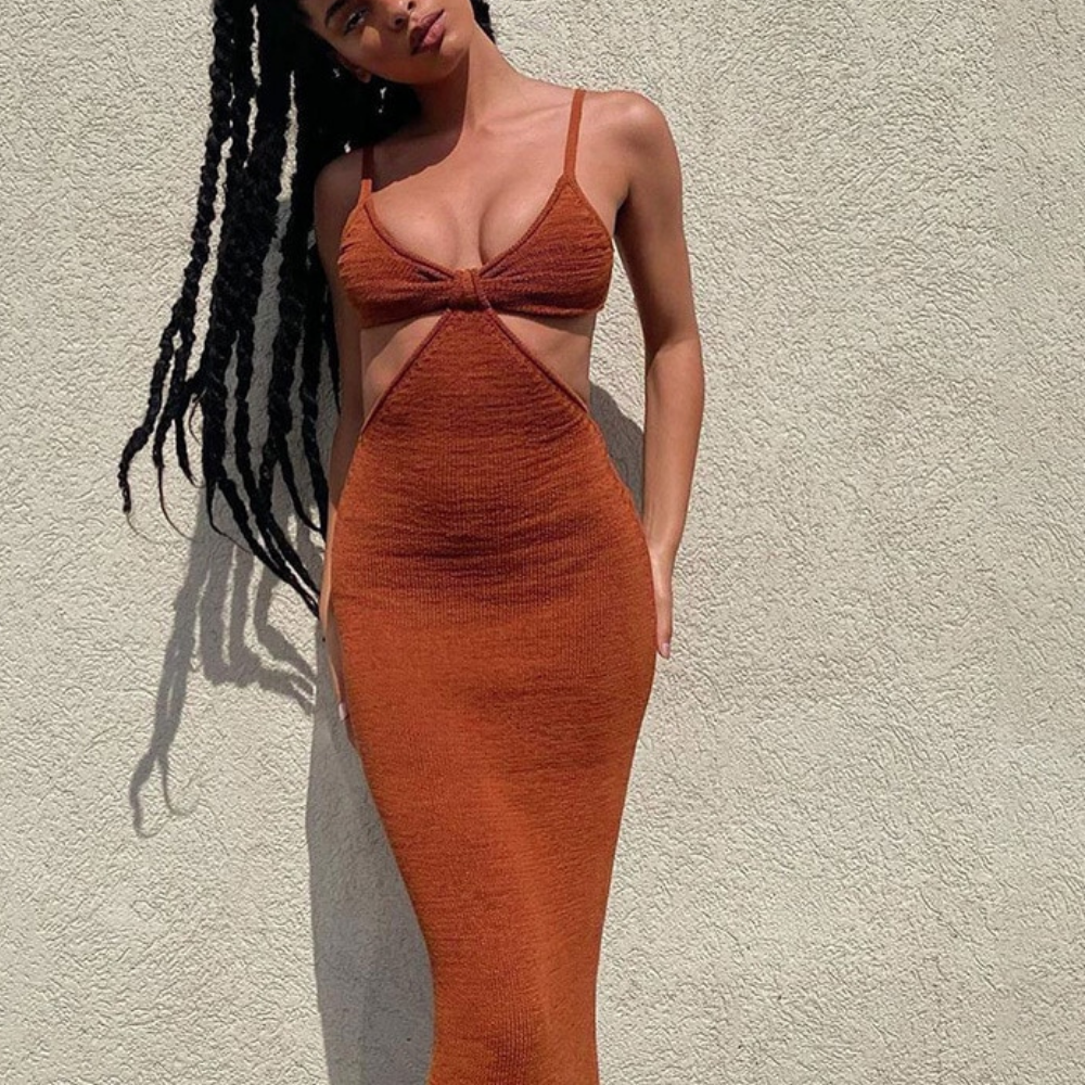 Clover Cutout Maxi Dress - Apricot, front view on model full length - Be Juliet